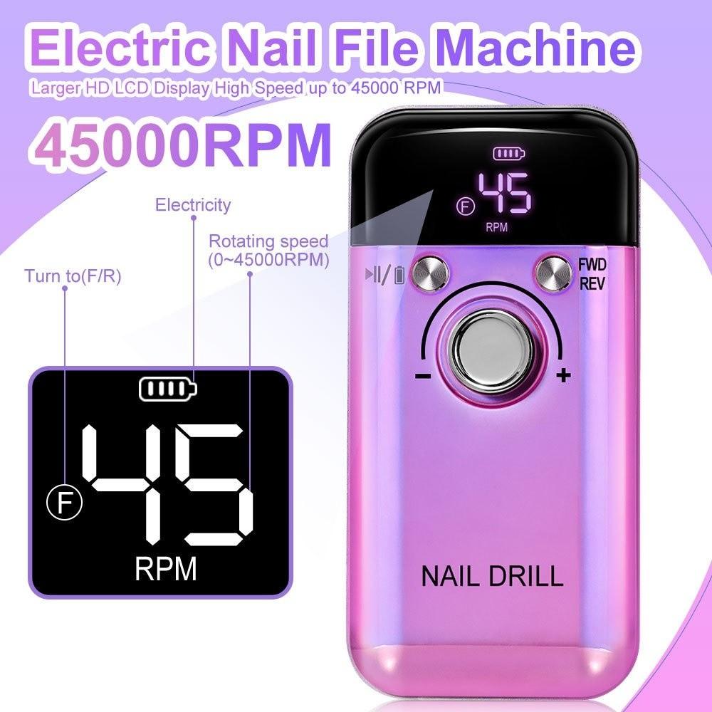 New Professional Electric Nail Drill Machine Portable Rechargeable Nail Sander File 45000RPM Low Noise Manicure Salon Tool