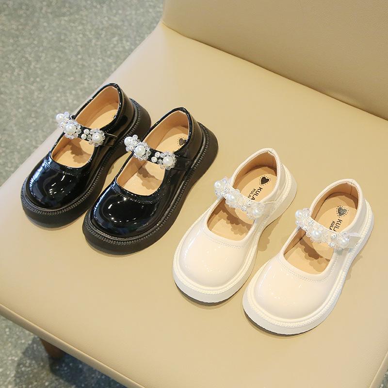 

Обувь для девочек из кожи Сезон Мэри Джейн Мягкая подошва Липучки Принцесса Туфли для девочек Модные туфли с жемчугом 26