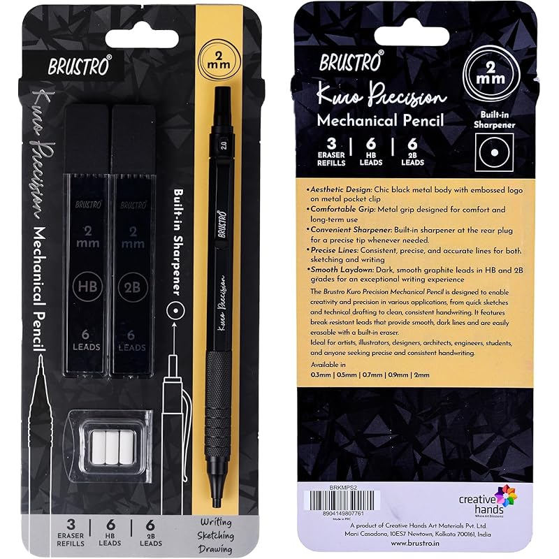 

Brustro Kuro Precision Mechanical Pencil |Tip Size- 2Mm With 6- Hb And 6-2B Leads, Built-In-Sharpener, 3 Eraser Refill|I 11 чорний