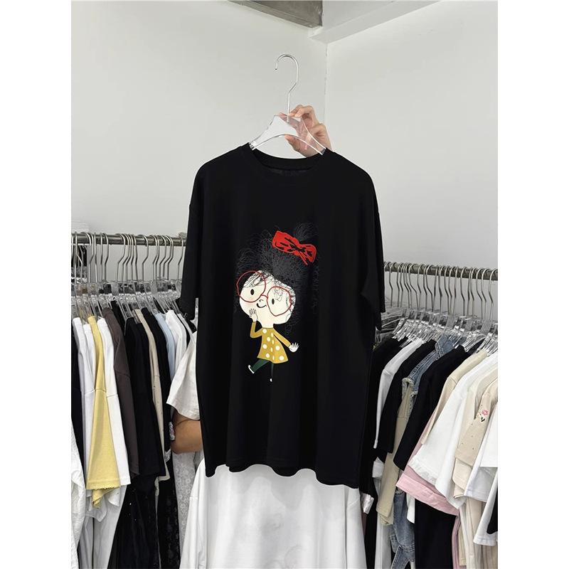 Pure Cotton Round Neck Short-sleeved T-shirt Women's 2025 New Casual Lazy Style Cartoon Printed T-shirt Top Tide