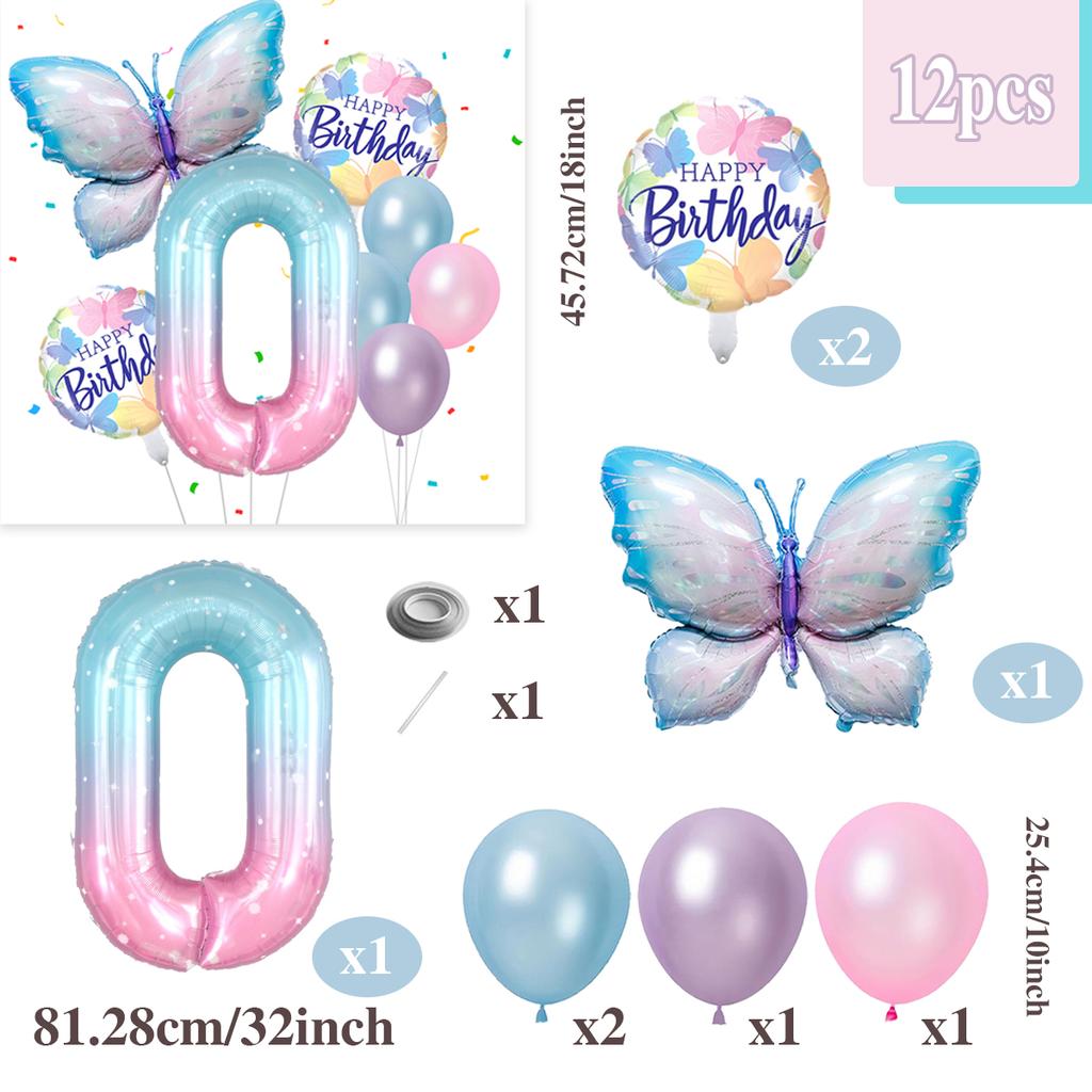 Gradient Color Digital Butterfly Balloon Set 32 Inch Digital Aluminum Foil Balloon Birthday Party Anniversary Decoration (0-9)