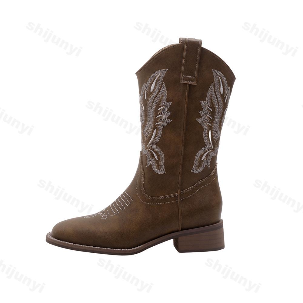Fashion Genuine Leather Women Boots Autumn Embroidered Western Cowboy Boots Square Toe Thick Heel High Knee Boots Woman Long Botas Mujer
