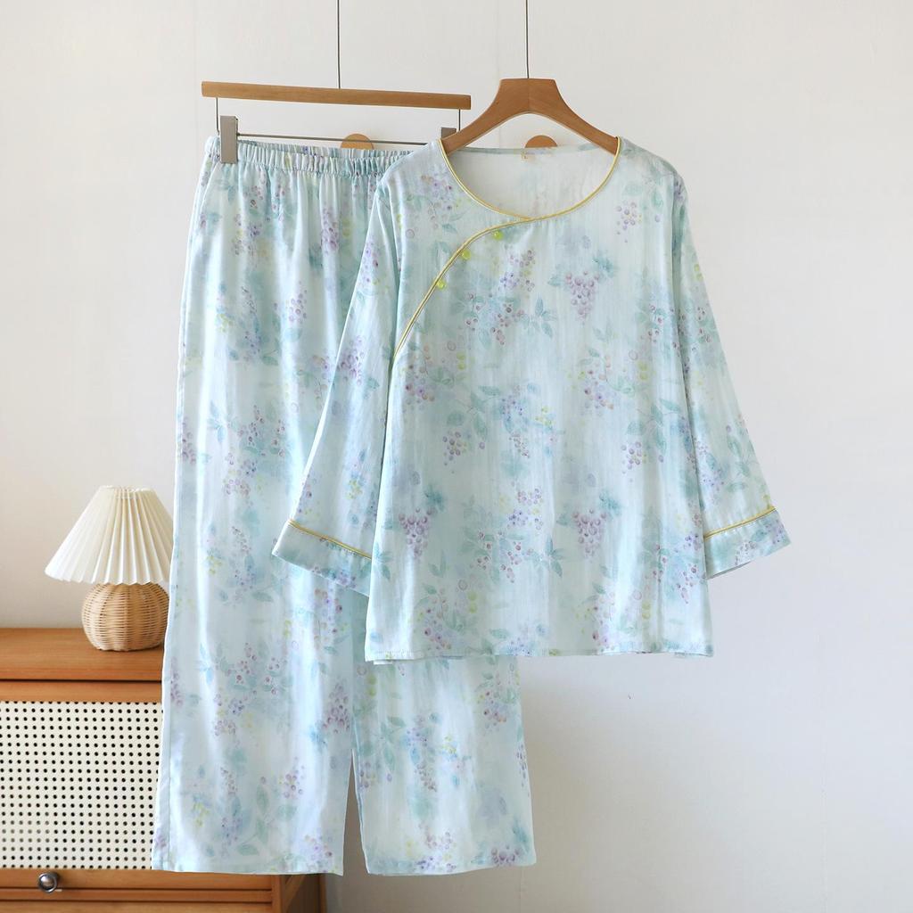 Damen Pyjama-Set aus reiner Baumwolle - Süßer chinesischer Stil, Langarm & Hose, mit Seitentaschen, Lockerer Schnitt für Frühling, Sommer und Herbst.