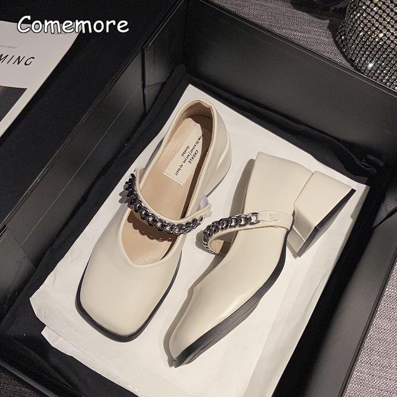 Fashion Brown Mary Jane Shoes with Chain Decor Spring Autumn Square Toe VintagePumps for Women's Elegant Dress Shoes Zapatos De Mujer