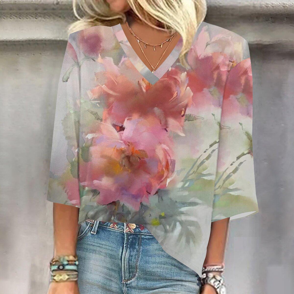 

2023 Весенне-осенний новый модный топ с рукавом 3/4 и принтом