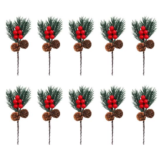 10 Pcs Artificial Pine Needles Branches with Red Berry Mini Pinecone Picks for Gift Wrapping Crafts Holiday Wreath Christmas Tree Decor