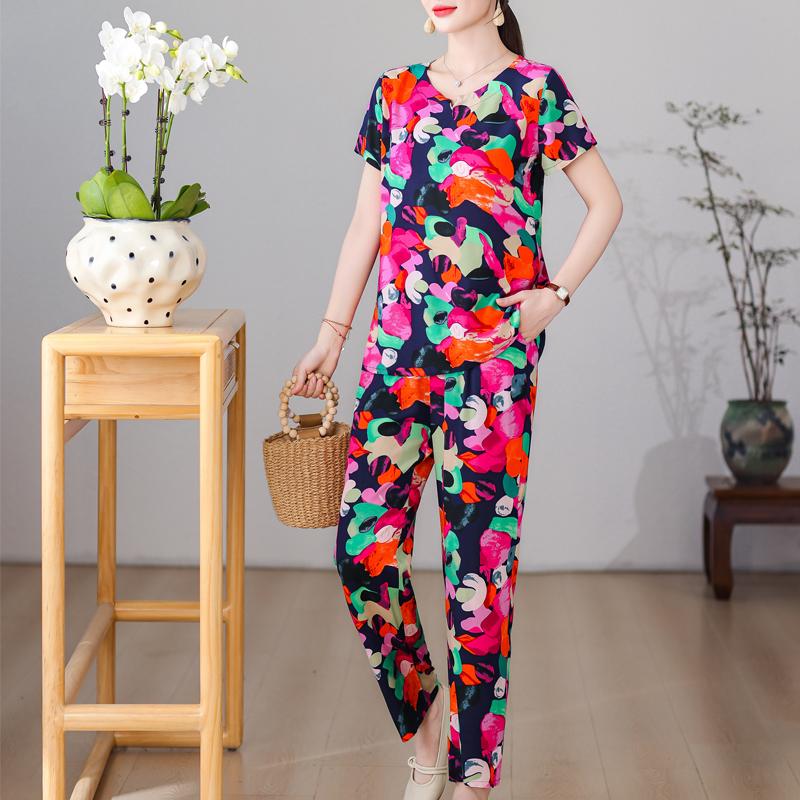 Plus Size Sommer-elegante Hosen-Sets für Frauen, Vintage-Druck, 2-teiliges Set, Damen-Outfit