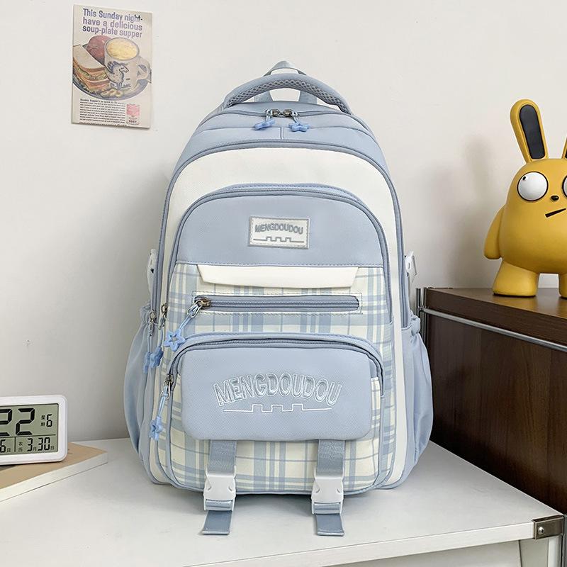 School bag Korean style forest-style elementary school backpack, high aesthetic plaid color-blocking, collegiate style, multi-compartment backpack 