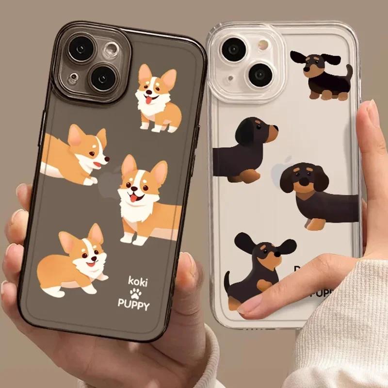 Cartoon Dachshund Corgi Dog Clear Phone Case For iPhone 15 14 13 11 12 16 Pro XS Max 13Mini XR X SE Plus Transparent Cover Funda