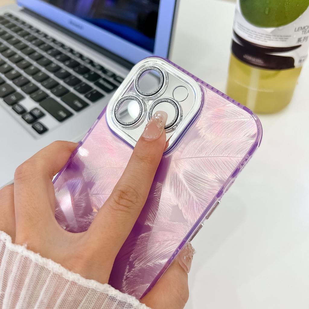 Laser Camlet Feather Phone Case For iphone 16 Plus 15 14 13 Pro Max Hard PC Glitter Camera Protection Shockproof Back Cove