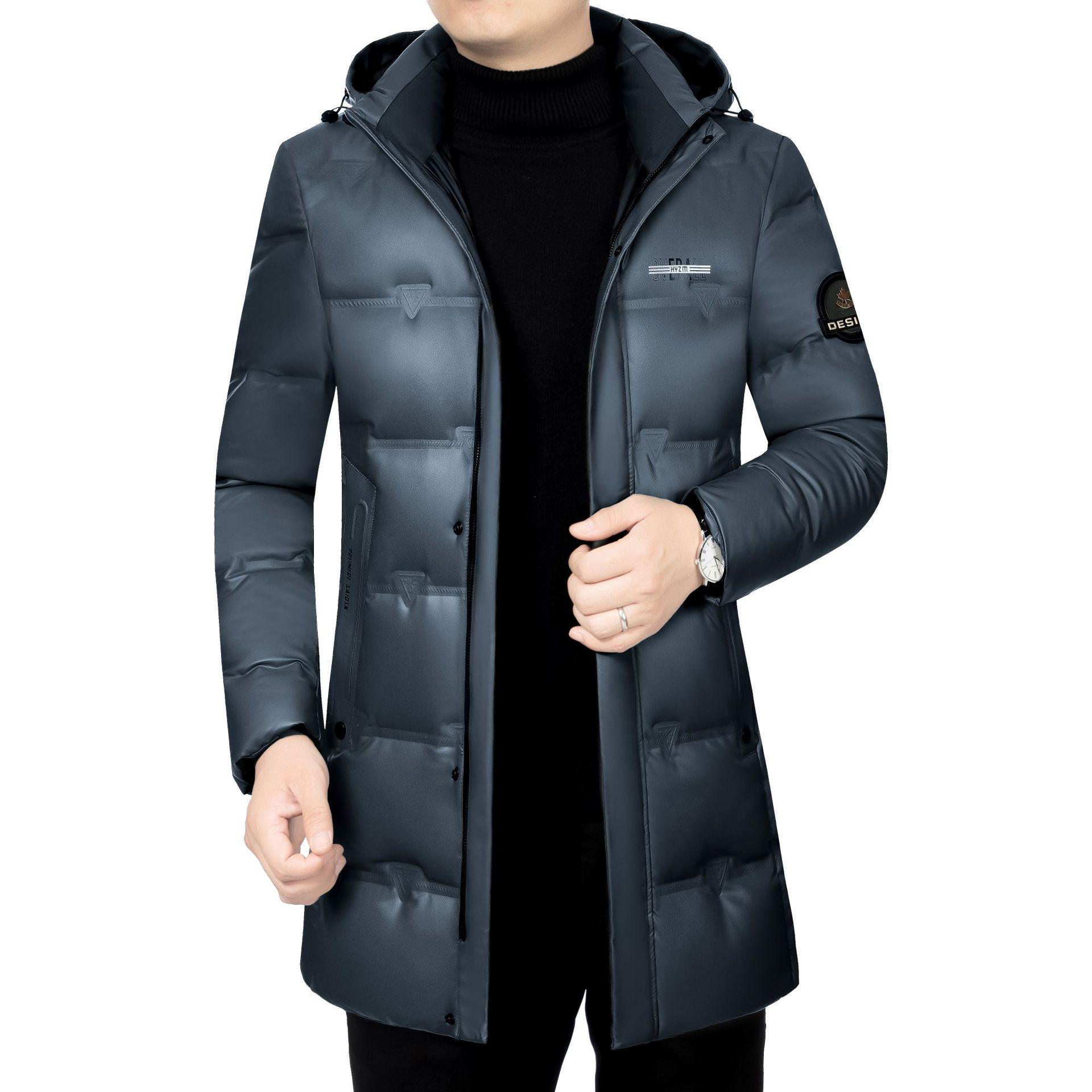 

2025 Winter Men s Glossy Hooded Down Jacket - Wash-Free, Mid-Length, Fashionable Business Casual Warm Outerwear 185/XXL (155-175 jin) синій