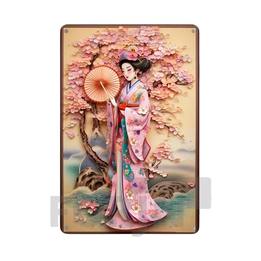 2D Japanisches Kunstposter Kimono Kirschblüten, elegantes Retro Geisha Metallschild, Zuhause, Zimmer, Büro, Izakaya, Café, Studio Wanddekor