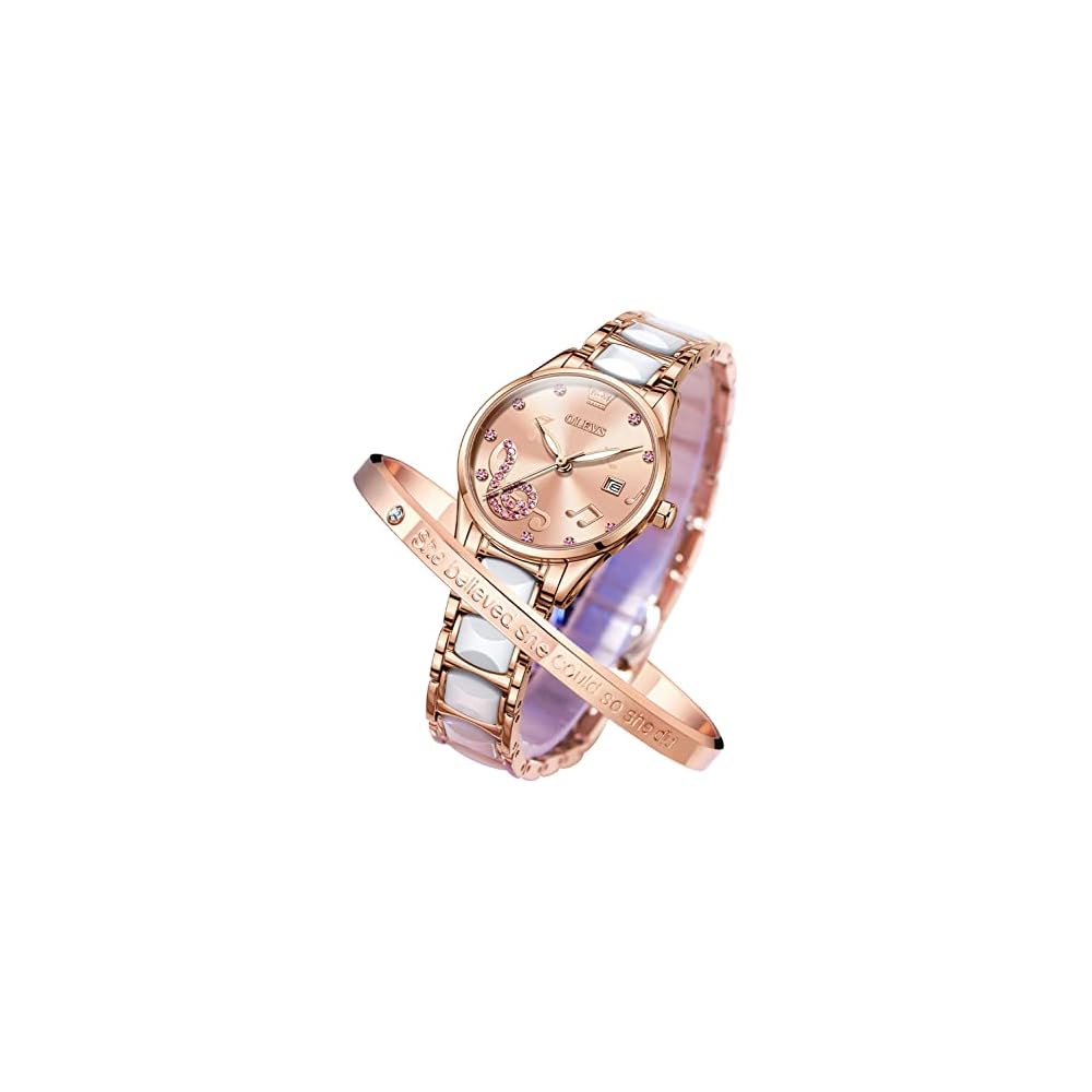 OLEVS Women s Pink Cute Waterproof Luminous Watch Rose Gold Japanese Movement with Bracelet Ceramic Date Display