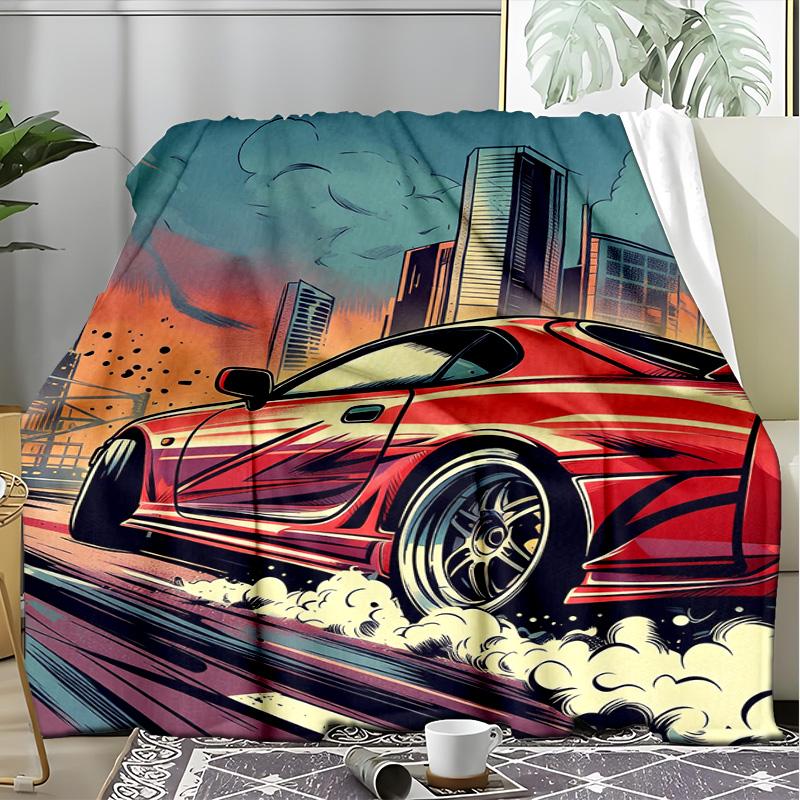 City Sports Car Comic Style Fleece Printed Flannel Blanket, Warm Soft Throw Sofa Bed Blanket