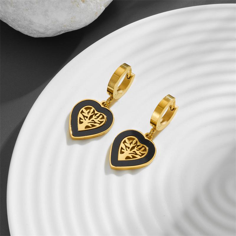 Korean Style Heart-Shaped Tree of Life Stainless Steel Earrings