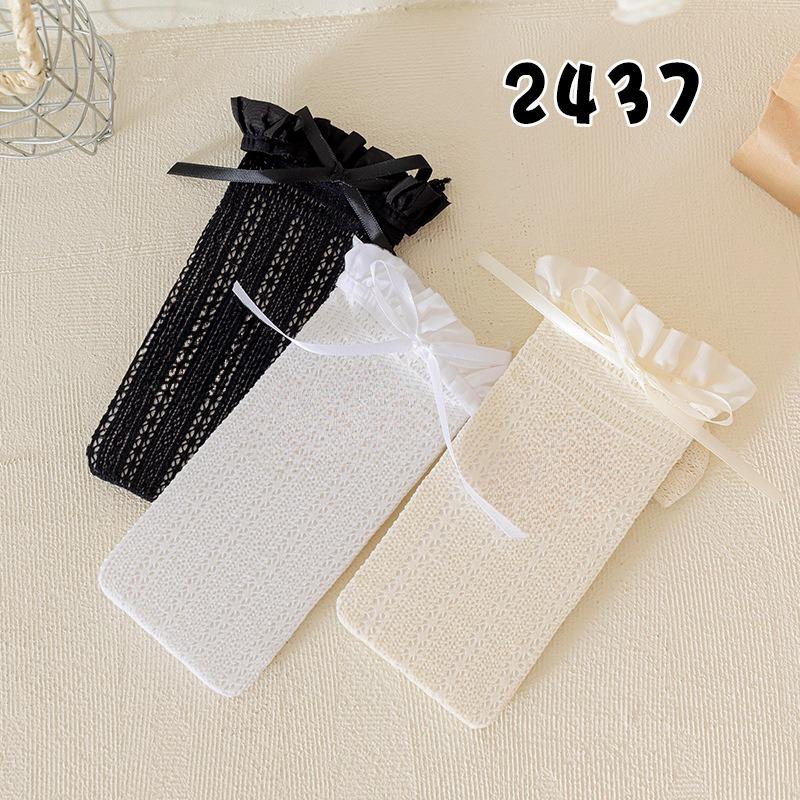 Białe skarpetki do łydki z koronką dla kobiet na lato, cienkie, w stylu lolita, baletowe, z kokardą, długie tuby marszczone do kolan