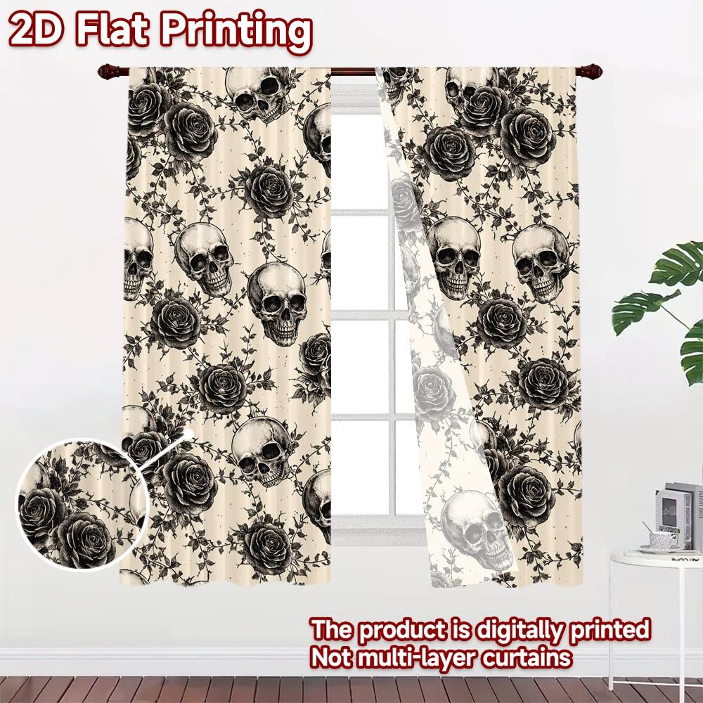 2D FLAT PRINTING 2pcs Curtains (Without Rod) Halloween Skulls and Roses Modern Print Curtains Yarn Curtains Ramadan Suitable for