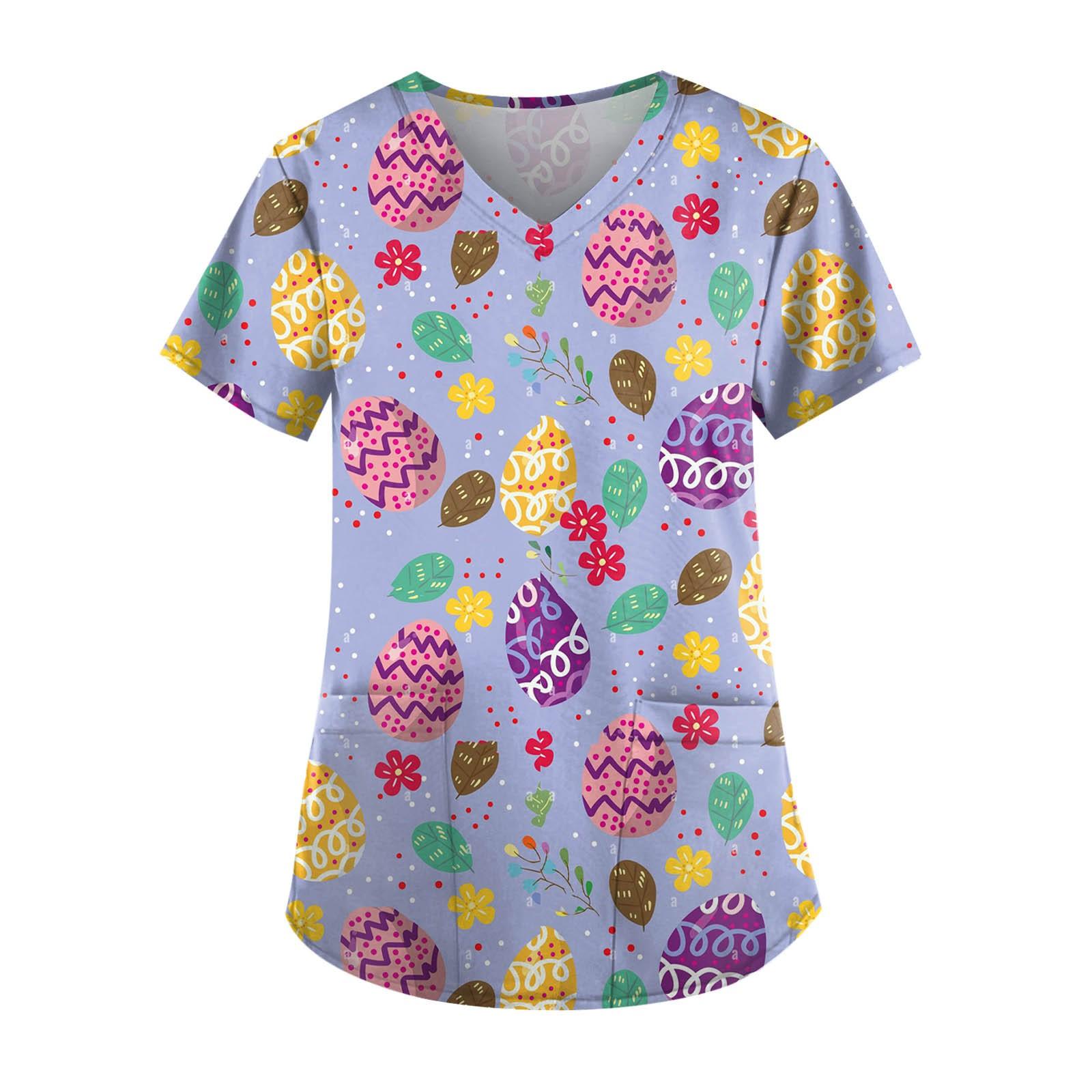 

(SU)Женский топ с карманами и карманами с пасхальным принтом и v-образным вырезом с короткими рукавами