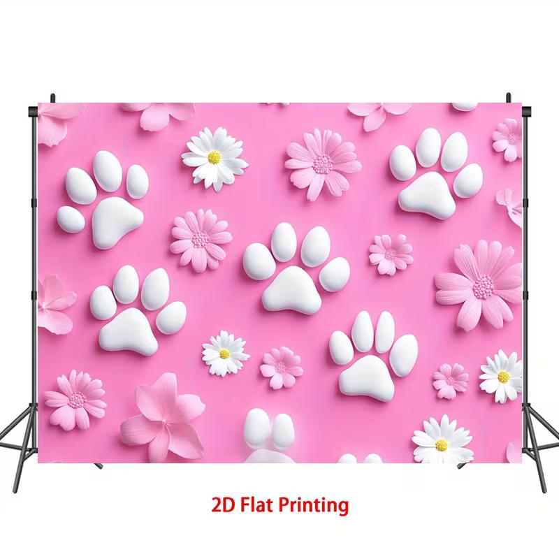 2D Pink Paw Print Backdrop Daisy Flower Pet Birthday Party Background