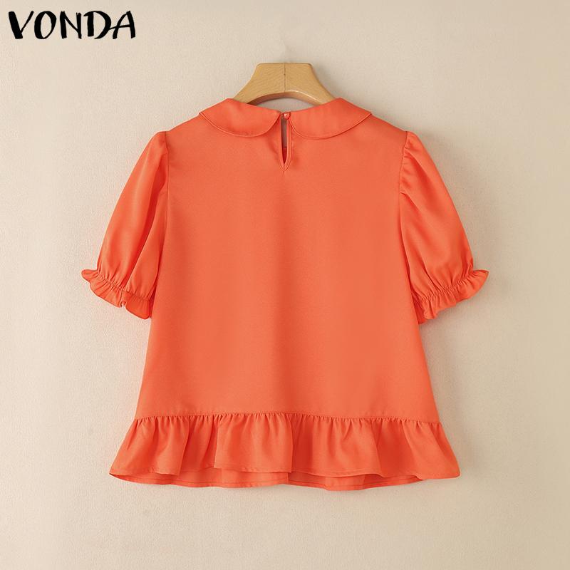 VONDA Women Lapel Neck Blouse Short Sleeve Ruffled Casual Summer Tops