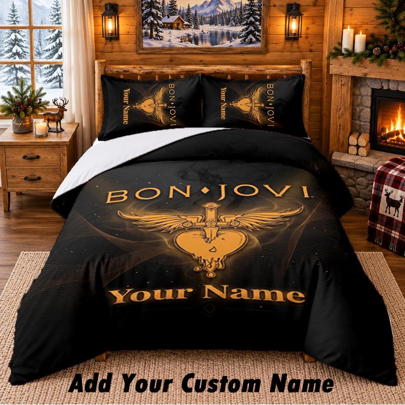 Bon Jovi Pattern Bedding 3Pcs Set Custom Name, Bed Sheet And Pillowcases For Home Bedroom