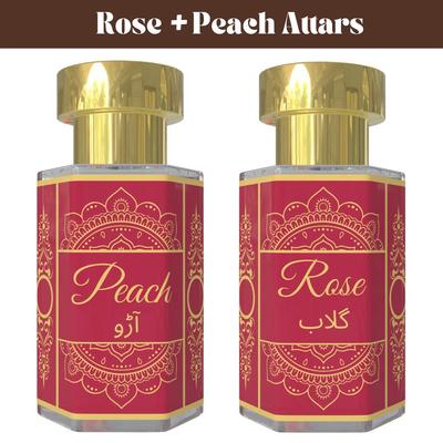 Rosen-Attar und Pfirsich-Attar Kombi – Blumige & Fruchtige Duftöle | Alkoholfreies Unisex Roll-On Parfüm Set | 2 x 6 ml