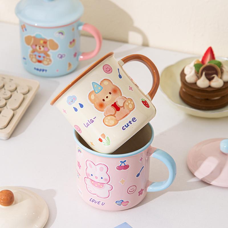 Cute Bear Mug with Lid Cartoon Household Water Cup Ceramic High Looking Breakfast Cup Birthday Gift Souvenir