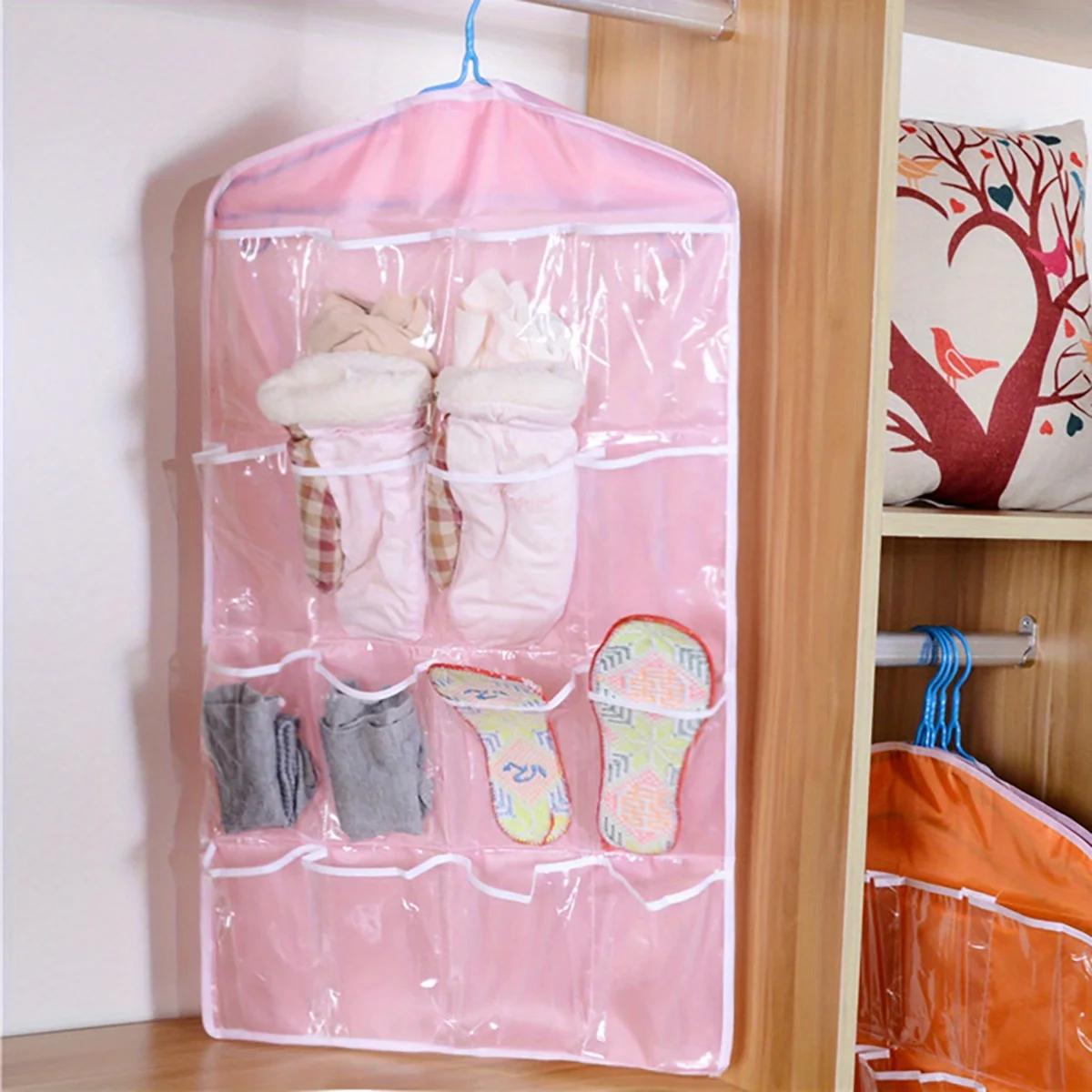 

1pc-Hanging Storage Bag, Multi Grid Polyester Socks Storage Bag For Household розовый