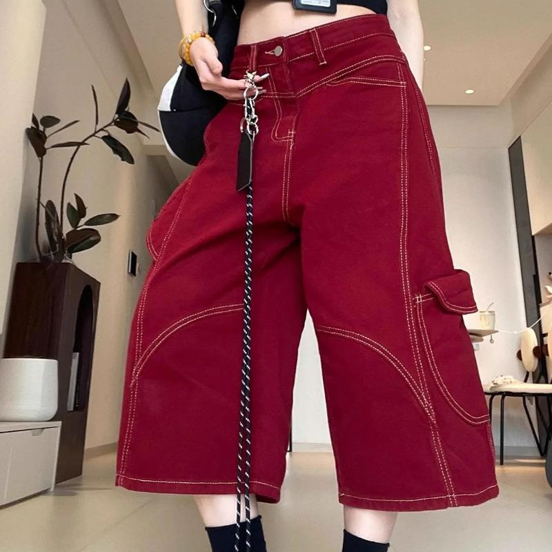 Red Multi Pocket Women's Cropped Pants American Retro Loose Female's Cargo Pants High Waisted Versatile Summer Clothing