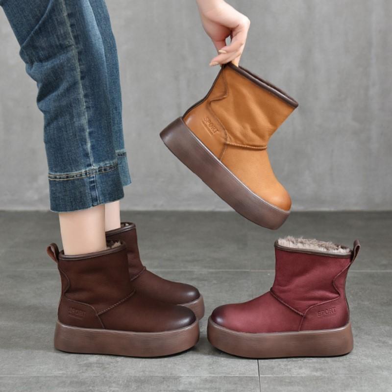 Johnature Genuine Leather Thick Soled Snow Boots Round Toe And Thickened Plush Warm Women's Cotton Boots