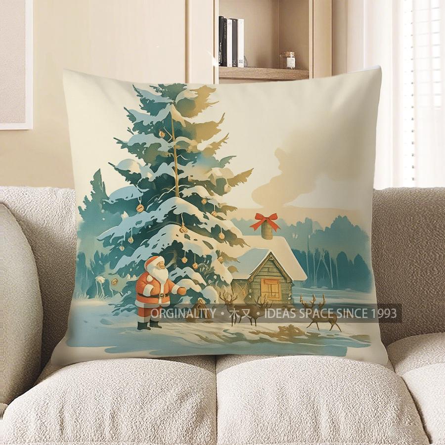 Home Decor Santa and Cabin Winter Scene Throw Pillow Pattern Cushion Cover Suitable for Sofa Bedroom Car Pillow Cover