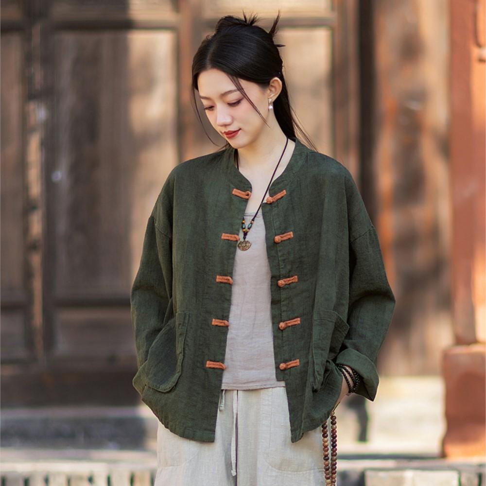 Women Vintage Shirts Tops Stand Long Sleeve Spring Chinese Style Button High Quality Cardigan Blouses