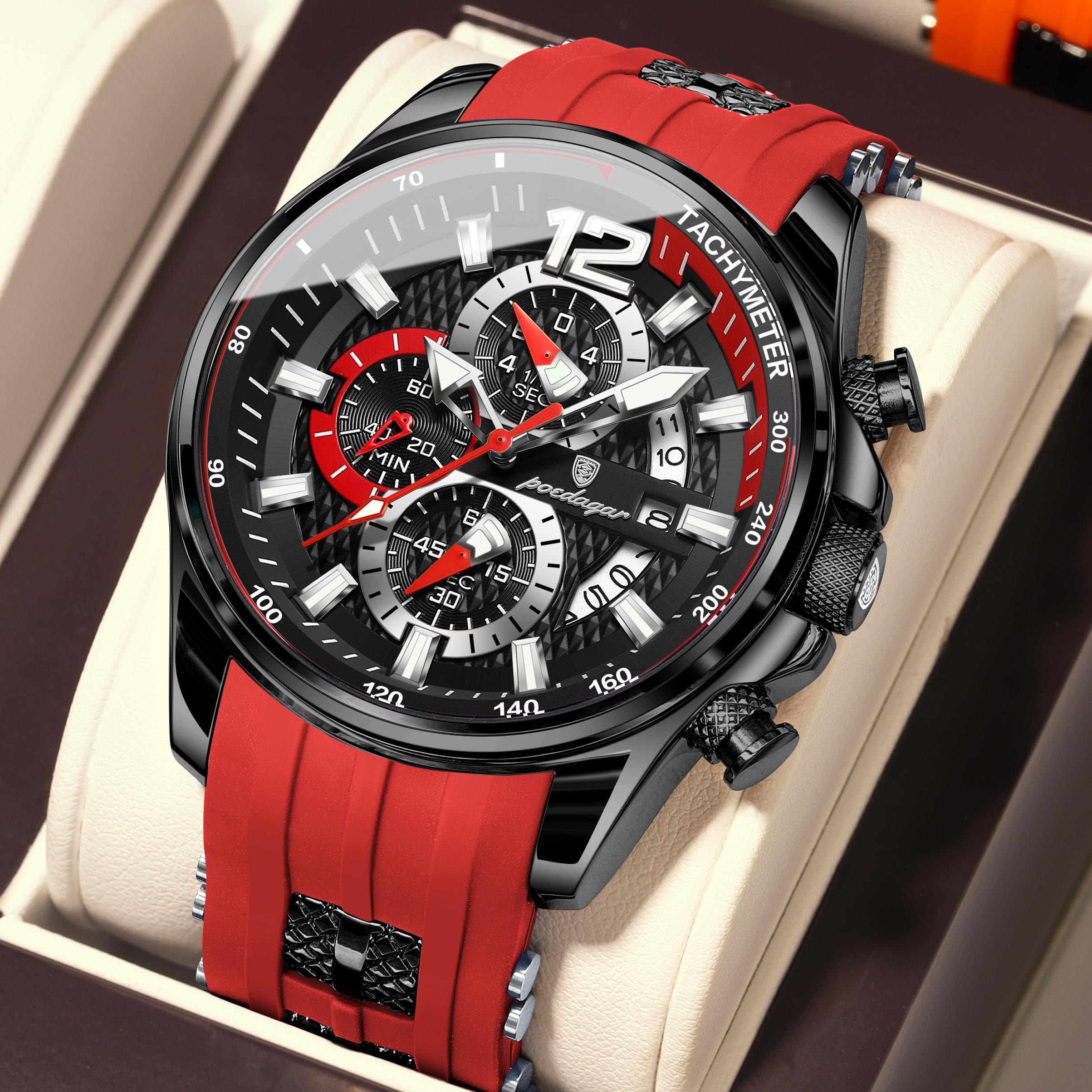 

POEDAGAR Functional Watch for Men Date Chronograph Luminous Waterproof Silicone Classic Male Watch Quartz Original Watches чёрный/красный