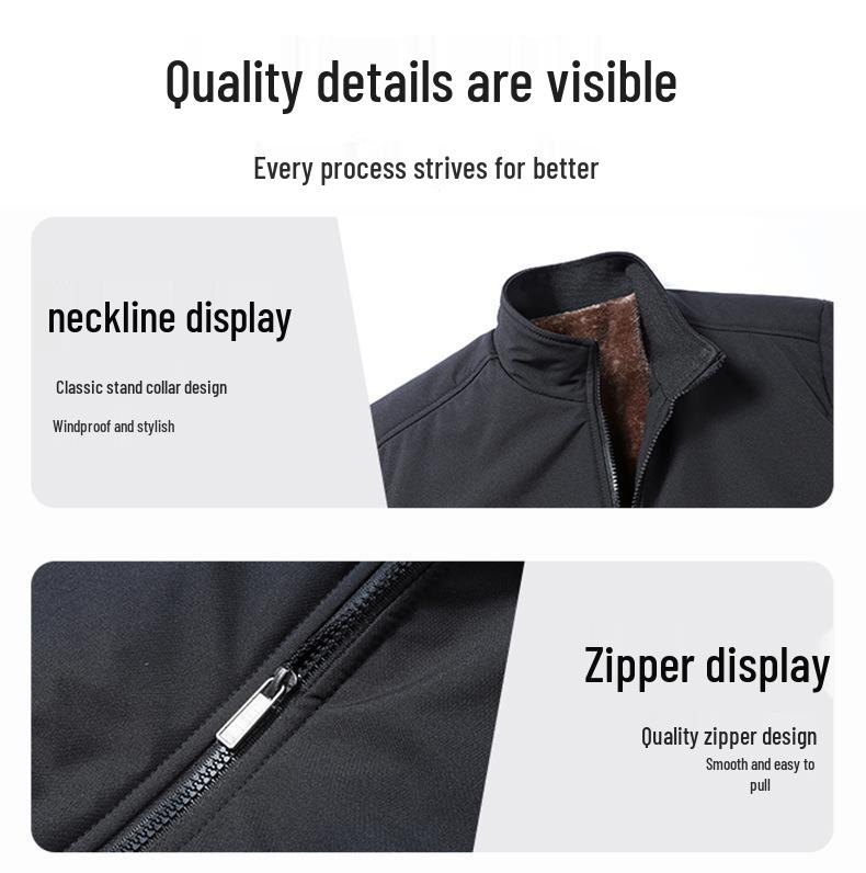 Men's Warm Velvet Jacket, Stand Collar, Versatile for All Ages, Casual Fit for Autumn & Winter