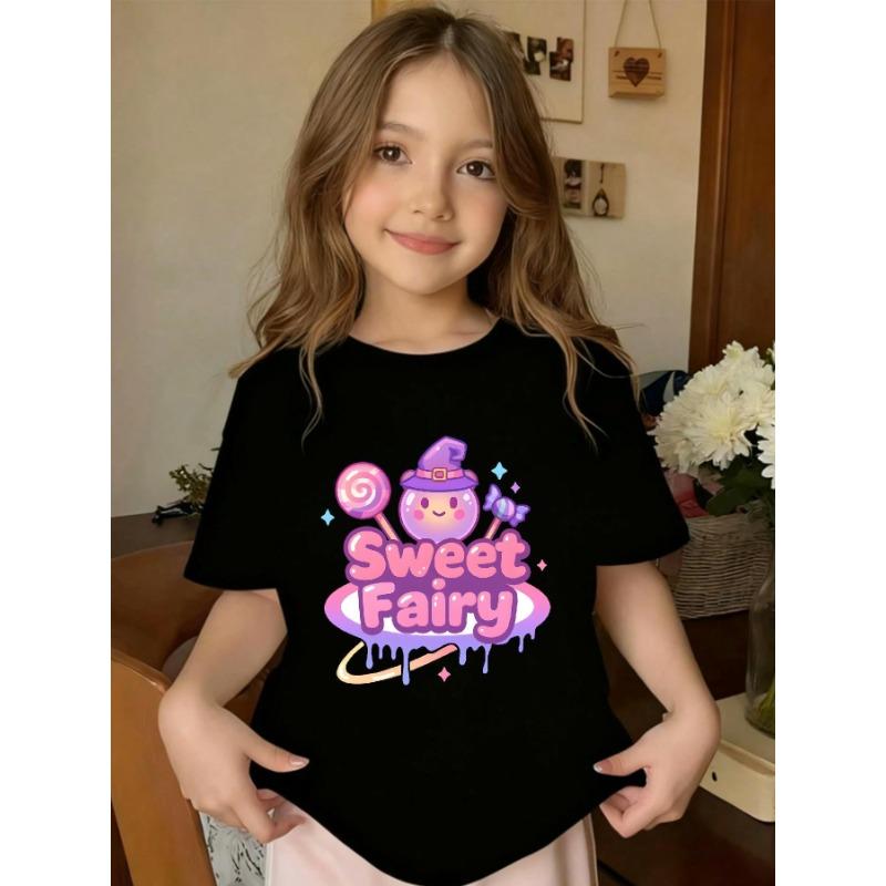 

European sizes Children Purple sweet Fairy Pattern Print. Round-neck Short Sleeves, Available in Black and White, Suitable for All Seasons 98cm чёрный