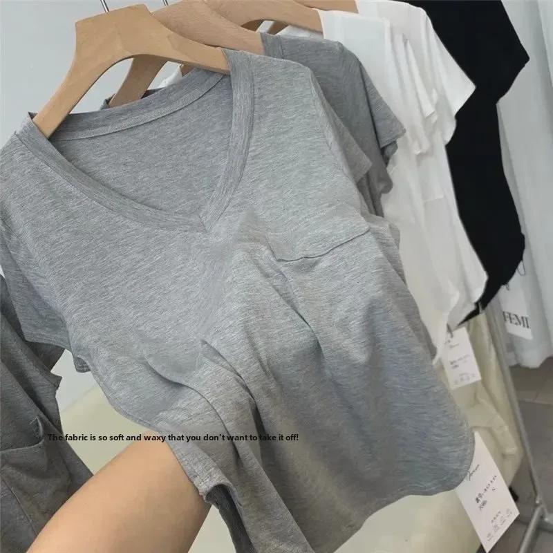 Drapey V-Neck Short Sleeve Women's T-Shirt - 2024 Summer Korean Style Trend