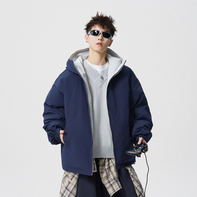 51 Hip-Hop Winter Trendy Solid Color Hooded Cotton Jacket for Men Vibe American Retro Thick Loose Couple Cotton Coat