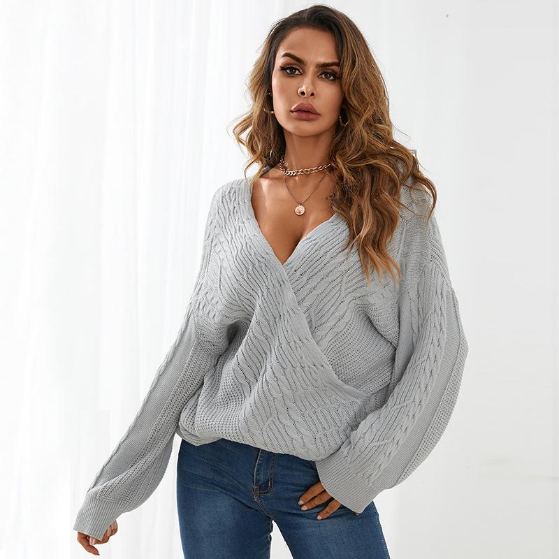 

Женские скрещенные передние пуловеры с v-образным вырезом и трикотажными свитерами с длинными рукавами