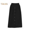 Damen-Midirock, elastisch, hoch tailliert, schlankmachender Stil, wadenlanger Rock mit Taschen, einfarbig, mit Knöpfen verziert, A-Linien-Rock
