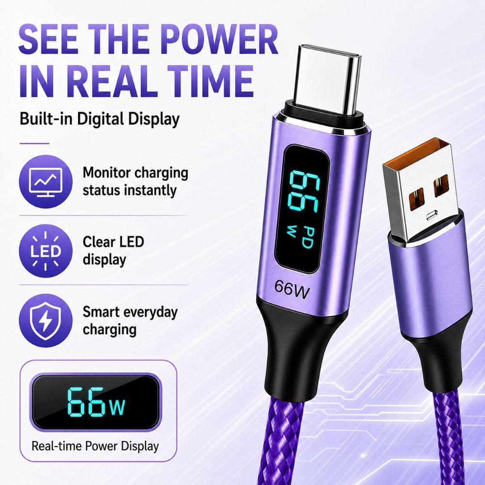 Real-Time Display USB-A To USB-C Cable 66W Fast Charging Data Cable Laptop Charging