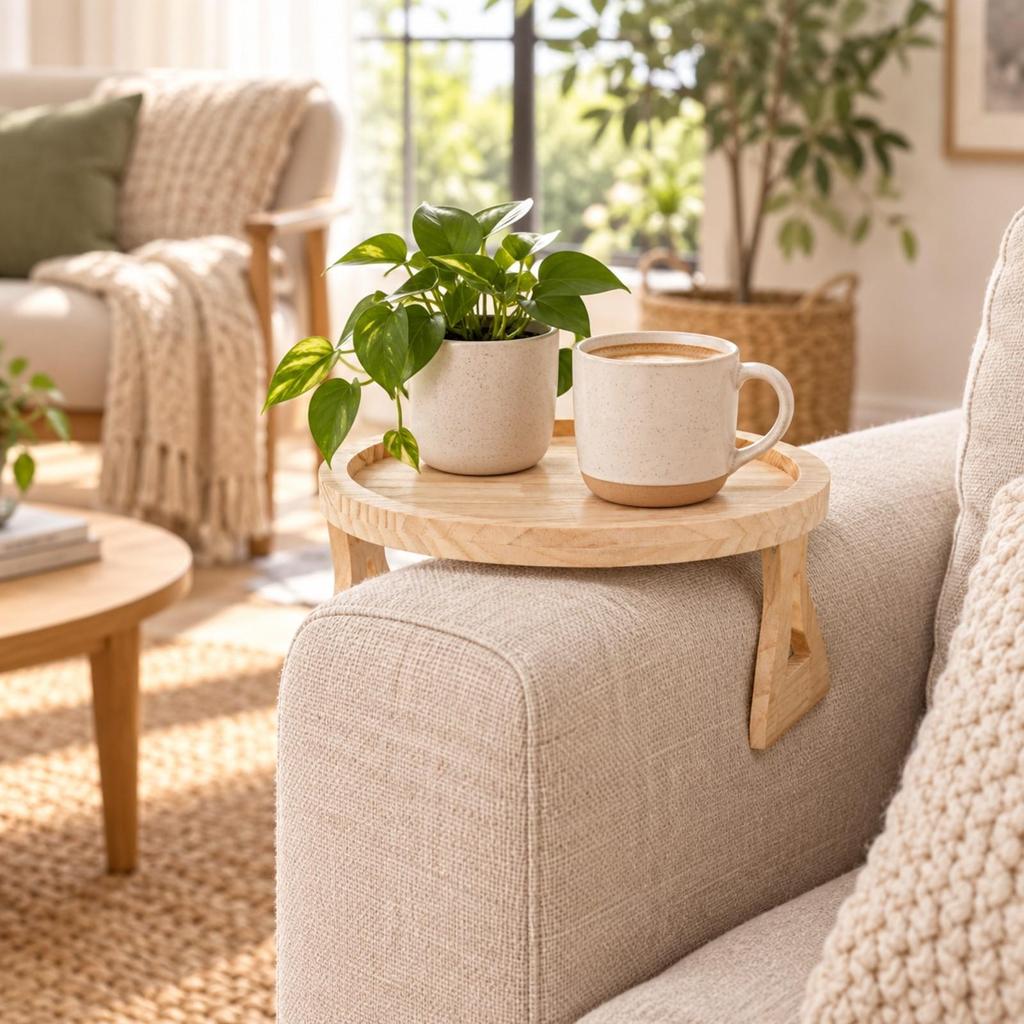 Sofa Arm Tray with Folding Legs Solid Wood Raised Rim Finish