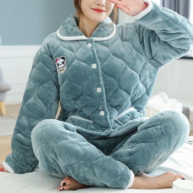 Süße warme wattierte Baumwolle kann draußen getragen werden dreilagiger Pyjama Damen Winter Loungewear verdickt saisonal große Größe