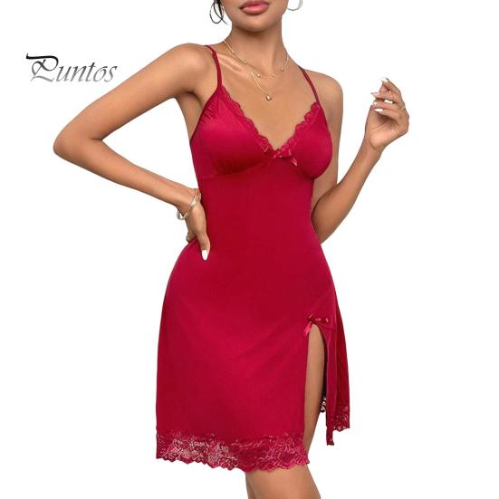 Women Nightdress V Neck Backless Sleeveless Bow Lace Floral Embroidery Nightie Spaghetti Strap Slit Hem Nightgown for Valentines Day Wedding Night