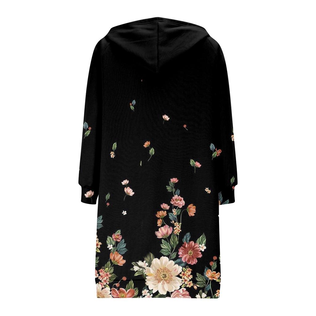 Women's Fashionable Printed  Long Sleeved Drawstring Hooded Zipper Pocket Long Casual Sweatshirt Jacket