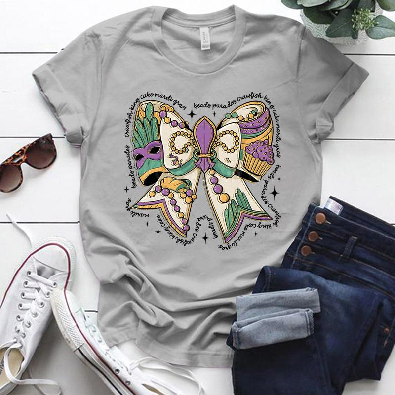 Mardi Gras Coquette Bow Design Tshirt Women Mardi Gras Vibes Vintage T Shirt Crew Neck Fat Tuesday Carnival Bow Shirt for Women