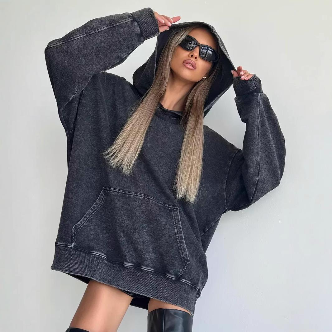 2025 American season warm foreign style solid color loose and versatile old washed black hooded sweater S