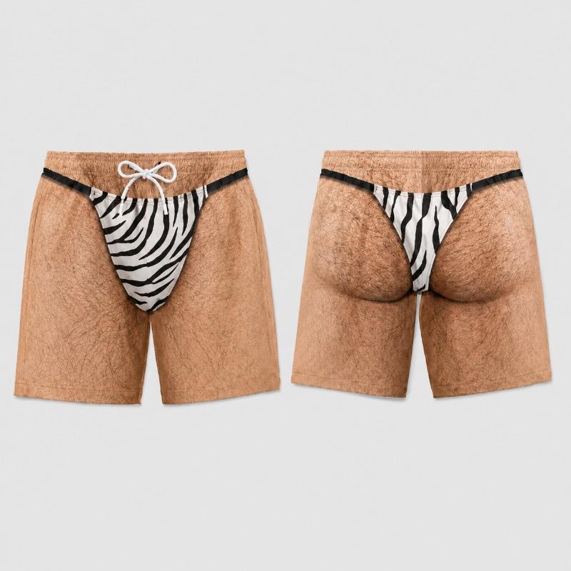 Funny Men's Swimsuit Leopard Thong Illusion Swim Trunks Hairy Body Novelty Board Shorts Quick Dry Beach Shorts Funny Summer