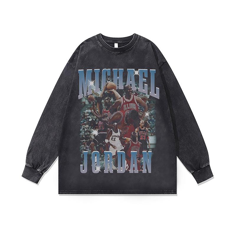 American Men'S Long Sleeve T-Shirt Vintage Vintage Digital Direct Print Stir-Fry Color Distressed Base Shirt Top