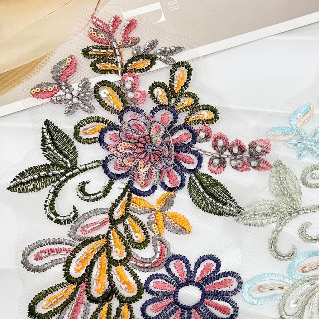 Color Three-Dimensional Flower Mesh Embroidery Cloth Sticker Bead Lace Patch Wedding Dress Cheongsam Clothes Skirt Cloth Sticker Accessories