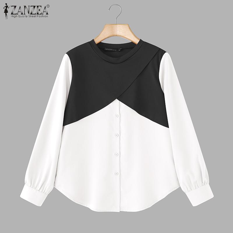 ZANZEA Women Casual Round Neck Long Sleeve Patchwork Blouse